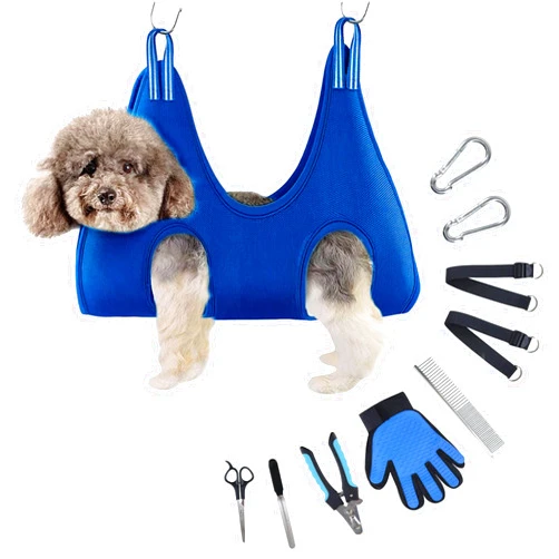 RUSMAC Dog Grooming Hammock Harness for Dogs & Cats with Pet Nail Clipper Trimmer - Cat Hanger Sling for Trimming Clipping Nails- Dog Hammock Restraint Bag for Small Medium Large Dog （ Blue S ）