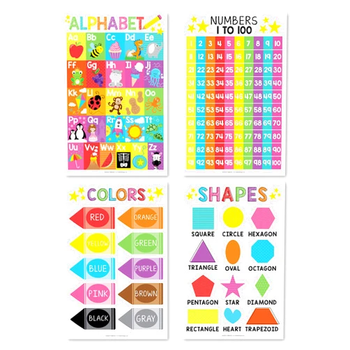 Hadley Designs 4 Alphabet, Count 1-100 Numbers, Colors, 2D 3D Shapes, ABC Posters Wall Decor, Counting Learning Chart For Kindergarten Classroom Prek Homeschool, Laminated Educational Supplies 11x17