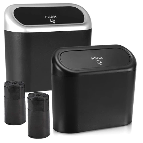 Accmor Car Trash Can with Lid, Mini Vehicle Trash Bin Car Dustbin Garbage Organizer Holder with 2 Roll Trash Bag, 2 Pack Small Hanging Leakproof Cars Storage Bag Container for Auto, SUV, Office