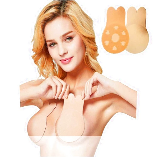 Lusciniam Sticky Bra Push Up Lift Nipple Covers Adhesive Strapless Rabbit Bra Invisible Backless Bras Plunge Reusable for Women Beige, Small