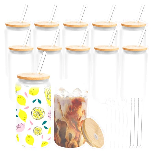 MOVNO 12 Pack Sublimation Cups - 16oz Frosted Glass Cups with Bamboo Lids and Straws Sublimation Glass Blanks Beer Can Shaped Cups Sublimation Glass Tumblers for Iced Coffee Juice Soda Drinks
