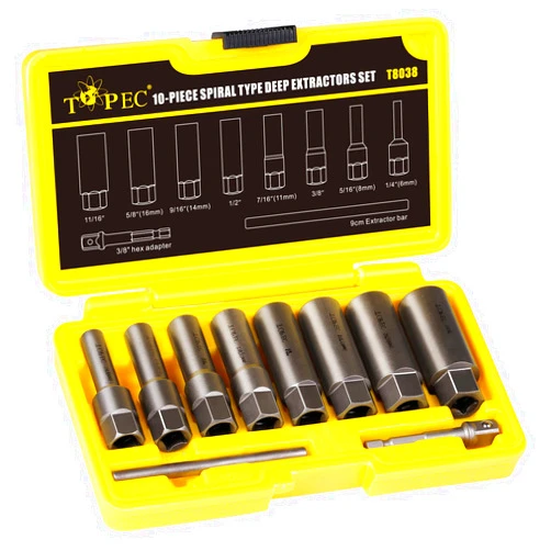 Topec 10-Piece Spiral Type Deep Bolt Extractor Set, Spark Plug Extraction Socket Set, Stripped Lug Nut Remover for Removing Broken, Damaged, Frozen, Rusted, or Rounded-Off Bolts, Nuts, Screws, Studs
