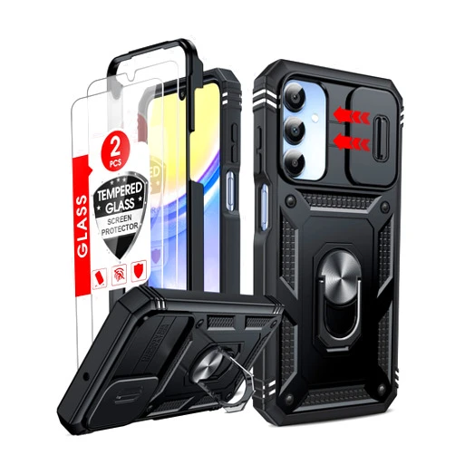 LeYi Compatible for Samsung Galaxy A15-5G Phone Case: Galaxy A15 5G Screen Protector Scratch Resistant [2 Packs] with A15 Case, Heavy Duty Shockproof para Basic Android Galaxy Phone Case A 15, Black