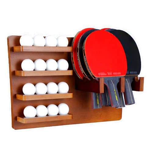 QiYueZaiYe Ping Pong Paddle Holder, Wall-Mounted Table Tennis Paddle Holder,4-Tier Ping Pong Paddle Storage for 16 Balls and 6 Paddles, Ping Pong Organizer for Game Room, Office Room Bamboo Wood, Walnut Color,