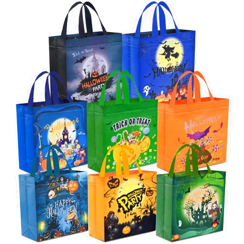 AhfuLife 16 Pcs Halloween Trick or Treat Bags, Halloween Candy Tote Bags with Handles for Kids, Reusable Halloween Non-Woven Gift Bags for Halloween Party Supplies Favors (7.8×7.8×3.1’’)