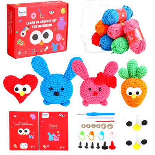Freelk Crochet Kit for Beginners Crocheting, Complete Crochet Starter Kits with Step-by-Step Video Tutorials Crochet Manual, Learn to Crochet Craft Kits for Adults Kids, Easter Bunny Couple Lovefamily