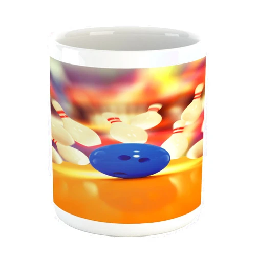 Ambesonne Bowling Party Mug, Spread Skittles Blue Ball on a Wooden Floor Moment of Crash Themed Print, Printed Ceramic Coffee Mug Water Tea Drinks Cup, Multicolor