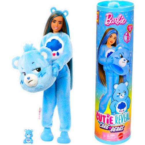 Barbie Cutie Reveal Doll & Accessories, Care Bears Series, Fashion Doll with Grumpy Bear Plush Costume & 10 Surprises Including Color Change & Mini Bear