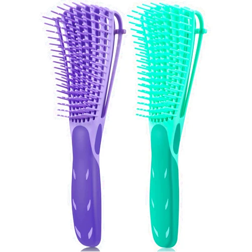 Boao 2 Pack Detangling & Exfoliating Brushes for Curly, Afro Textured 3a to 4c Kinky Wavy Hair - Wet/Dry/Long Thick Curls (Green, Purple)