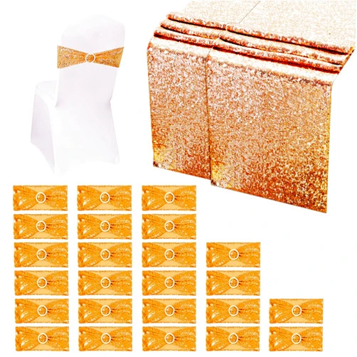 Aulufft 24 Pcs Gold Sequin Chair Sashes and 2 Pcs Sequin Table Runners Set Chair Slider Elastic Cover Bands with Bows Glitter Sashes for Party Wedding Banquet Holiday Decoration
