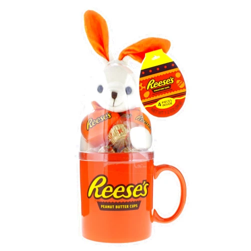Galerie Easter Orange Reese Mug with Bunny Plush and Chocolate Peanut Butter Candies, Collectible Basket Stuffer Gifts, 1.2 Ounces