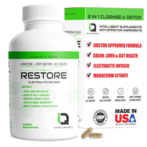 IQ Supplements Restore 2 In 1 Gut Detox Cleanse w/ Magnesium - Supports Digestion, Debloating & Constipation Relief | 15 Day Gut Cleanse for Colon, Liver & Gut Health | Electrolyte Infused Colon Cleanse W/ Psyllium