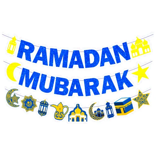 PTFNY Glitter Ramadan Mubarak Banner Muslim Ramadan Mubarak Bunting Banner Garland for Ramadan Mubarak Decorations Islamic Ramadan Eid Party Supplies