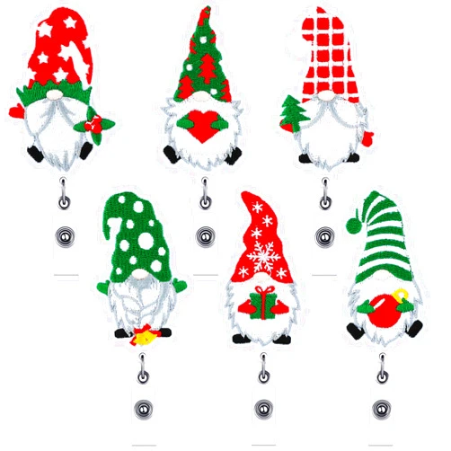 Zonon 6 Pieces Gnome Christmas Badge Reel Felt Nurse Embroidered Retractable Cute Badge Holder Xmas Lanyards Name ID Badge Clips with Alligator Clips for Nurse Doctor Volunteer Christmas Gifts