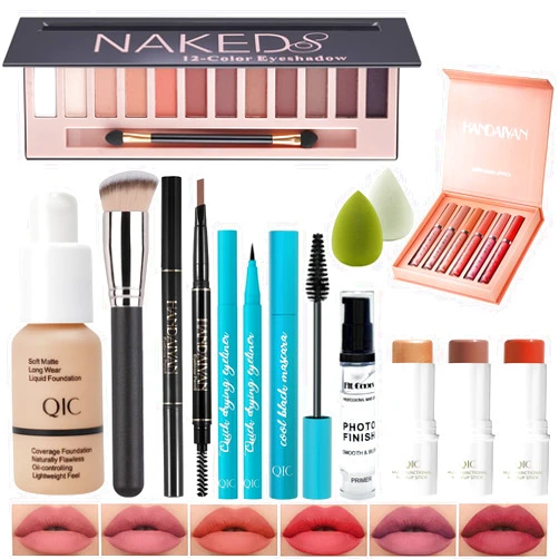 Arindar All In One Makeup Kit Full Kit, 3 Pcs Cream Contour Sticks,12 Colors Eyeshadow Palette,Full Coverage Foundation, 6 Colors Lipstick Set, Waterproof Eyeliner and Mascara(104# Buff Beige)