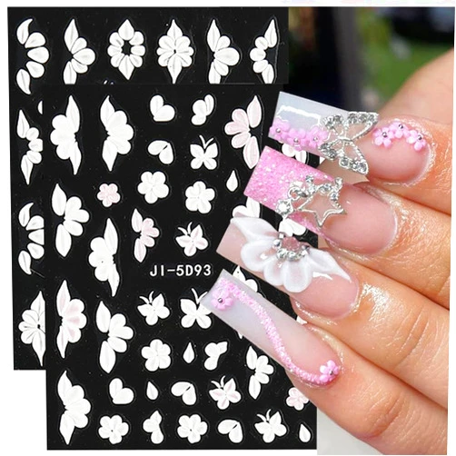 FBABFBUO Flower Nail Art Stickers Decals, White Flower Petal Nail Stickers for Nail Art, 5D Embossed Floral Butterfly Design Nail Decals Flower Nails Adhesive Slider for Summer Nail Art Decorations Supplies