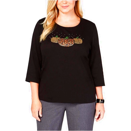 Karen Scott Womens Plus 3/4 Sleeves Glitter T-Shirt Black 0X