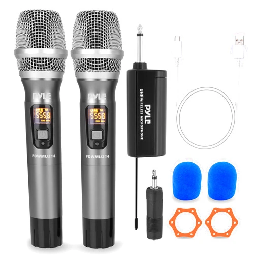 Pyle UHF Wireless Microphone System Kit - Dual Professional Battery Operated Handheld Dynamic Unidirectional Cordless Microphone Transmitter Set w/Adapter Receiver - PA Karaoke DJ Party PDWMU214,Black