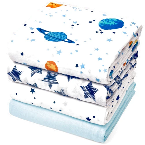 david's kids 4 Pack Baby Muslin Swaddle Blankets, 100% Cotton Swaddling Blankets Wrap for Boys Girls, Ultra Soft Breathable Receiving Blanket, New Born Essentials, Space&Stars