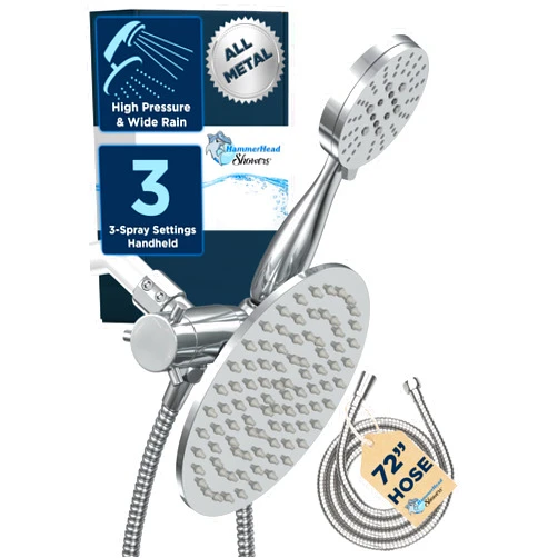 HammerHead Showers® ALL METAL Dual Shower Head Combo – CHROME – 8 Inch Rainfall High Flow Shower Head & 3-Flow Handheld Shower Head High Pressure with Hose 6ft - Luxury Double Shower Heads