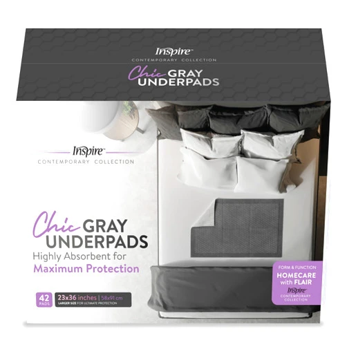 Inspire Ultra Underpads Incontinence Bed Pads | Chic Gray Modern Design | Hospital Bed Pads Disposable Adult Extra Large Chux Pads | Medical Bed Linens | Chucks Pads Disposable Adult