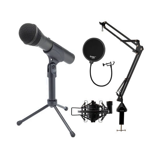 Samson Q2U Handheld Dynamic XLR/USB Microphone Bundle with Desktop Boom Arm Stand, Shock Mount, and Pop Filter (4 Items)