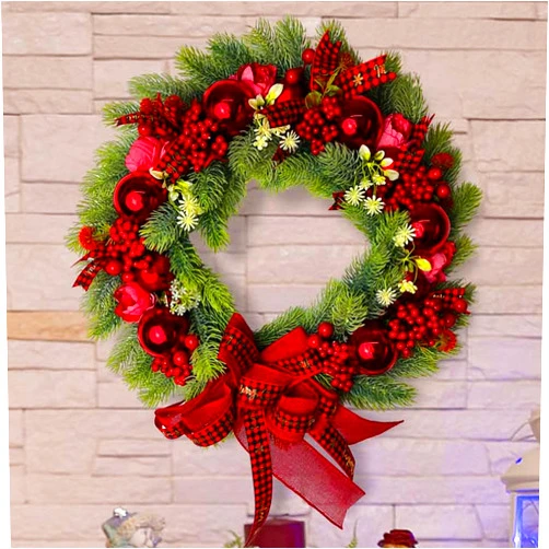Wamnexti 17.7'' Handmade Christmas Wreath Hanging, Artificial Pine Branches with Berry Stems Xmas Wreaths for Front Door Outdoor Window Table Holiday Home Decor, Red