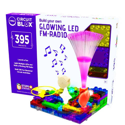 E-BLOX Build Your Own Glowing LED FM Radio Kit, 395 Fun STEM Electrical Science Projects, Building Blocks Circuit Toy Set for Kids, Birthday Gift, Boys, Girls, 8+