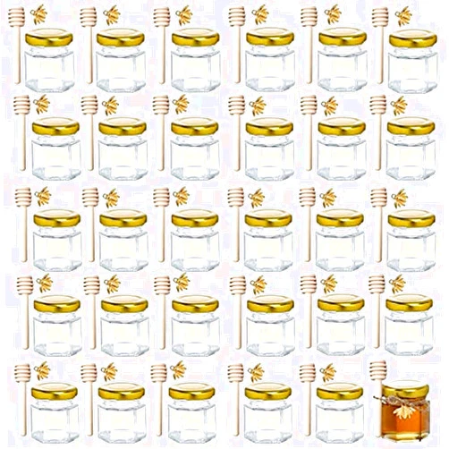 XING-RUIYANG 1.5 oz Hexagon Mini Glass Honey Jars -30Pack Honey Jars with Wood Dipper, Gold Lid, Bee Pendants, Jutes - Perfect for Baby Shower, Wedding Favors, Party Favors
