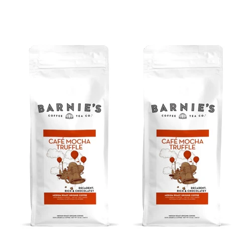 BARNIE'S COFFEE TEA CO. Barnie's Café Mocha Truffle Ground Coffee, Decadent and Rich Chocolate Flavor, Medium Roasted Arabica Coffee Beans, Sugar Free and Nut Free, 12 oz Bag (Pack of 2)