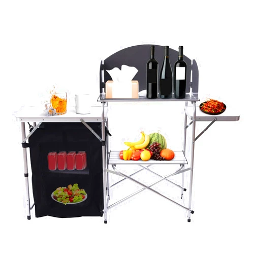 ACNAO Folding Grill Table, Camping Kitchen Station Storage Cupboard, Portable Camping Kitchen Unit with Aluminium Frame 26'' Tabletop Storage for Tailgating BBQ Picnic Backyard Beach RV (Black)