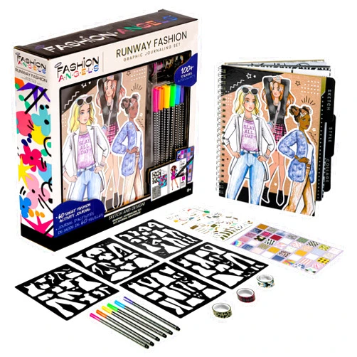 Fashion Angels Runway Fashion Graphic Journaling Set - Fashion Design Activity Journal with Markers, Stencils & Stickers - Teaches Basic Fashion Design - Beginners Fashion Sketch Pad for Kids 8 & Up