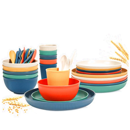 OAMCEG Wheat Straw Dinnerware Sets for 6, Plates and Bowls Sets Plastic, Dinner Plate/Dessert Plate/Cereal Bowl/Cup/Flatware Set Dishwasher Microwave Safe Wheatstraw Dinnerware Dish Set, Colorful