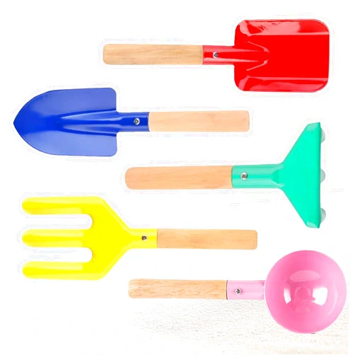 WEILAIDI Beach Toys,5 Pcs Children Beach Sandbox Toys,8'' Kids Gardening Set Metal Garden Tools with Sturdy Wooden Handle,Safe Kids Shovel with Spoon, Fork, Rake, Flat Shovel & Pointed Shovel