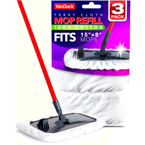 VanDuck 100% Cotton Terry Mop Pads 15x8 Inches 3-Pack, Terry Cloth Mop Covers (Handle is Not Included)