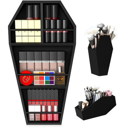 Mayyol Makeup Coffin Shelf with 2 Coffin Brush Holder, Large Gothic Makeup Organizer for Spooky Room Decor, Wall Mounted or Free Standing Coffin Makeup Holder Horror Decor for Bedroom or Bathroom