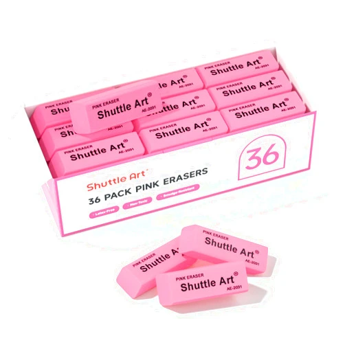 Shuttle Art Pink Erasers, 36 Pack Erasers Bulk, Latex-Free, No Smudge, Soft Erasers for Kids, Teachers, Homeschools, Art Classes and Back to School Supplies