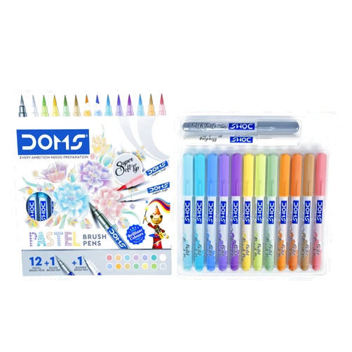 Doms Super Soft Tip Pastel Shades Brush Pen Set | 12 Pastel + 1 Silver + 1 Blender | Ideal for Doodling, Illustrations, Calligraphy, Artists & Professionals | Pack of 1