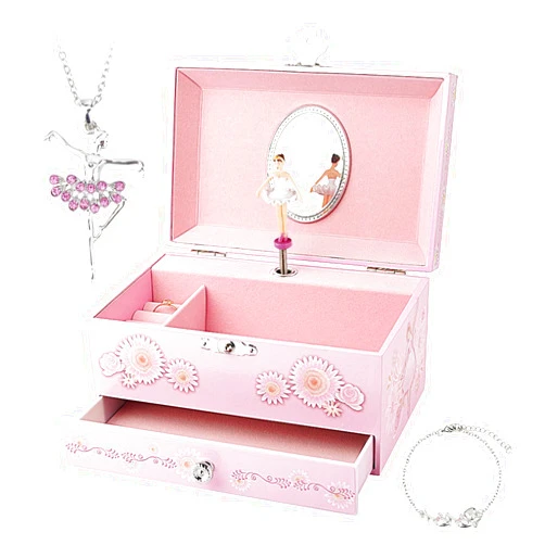 RR ROUND RICH DESIGN Kids Musical Jewelry Box for Girls with Drawer and Jewelry Set with Ballerina Theme - Swan Lake Tune Pink