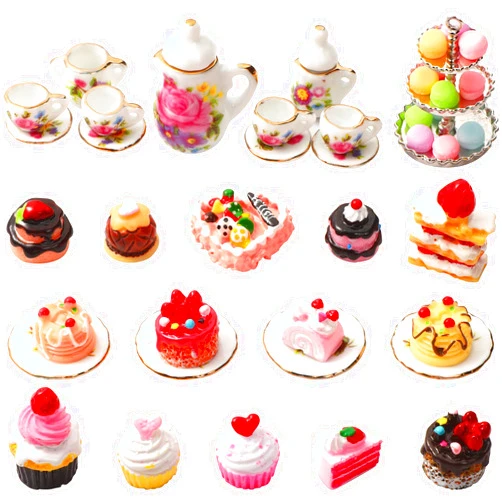 Chengu 40 Pcs 1:12 Scale Dollhouse Miniature Kitchen Accessories Set Includes 15 Flower Pattern Porcelain Tea Cup 24 Mixed Pretend Cake Foods 1 Mini Three-Tier Cake Stand for Decor Supply (Cute Style)