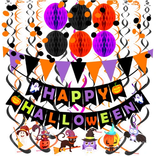 FECEDY Happy Halloween Banner Paper Triangle Flag Bunting Circle Confetti Dots Hanging Garland Honeycomb Ball Swirl Streamers for Halloween Party Decorations