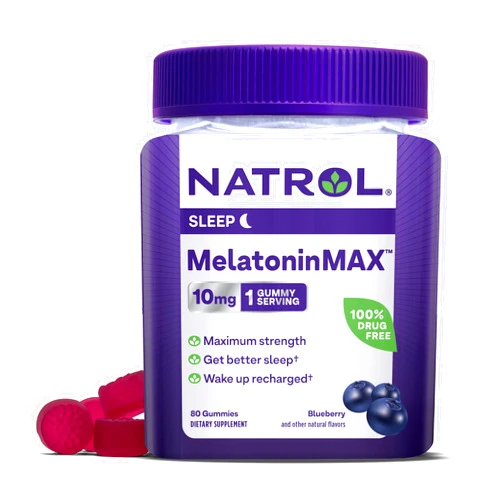 Natrol Melatonin Max 10mg, Blueberry, 100% Drug Free, Vegetarian Friendly, Non-GMO, 80 Gummies (Pack of 1)