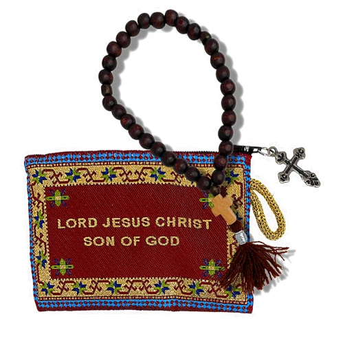 ALUKIKI Religious Gifts Wooden 30 Knots Prayers Beads With Tapestry Jesus Prayer Pouch Keepsake Holder 4 1/4 Inch