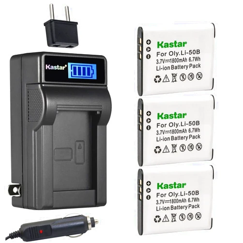 Kastar 3-Pack Li-50B Battery and LCD AC Charger Compatible with Olympus Li-50B, Panasonic VW-VBX090, Pentax D-Li92, Ricoh DB-100, Casio NP-150, Kodax LB-050 LB-052, GE GB-50A Battery
