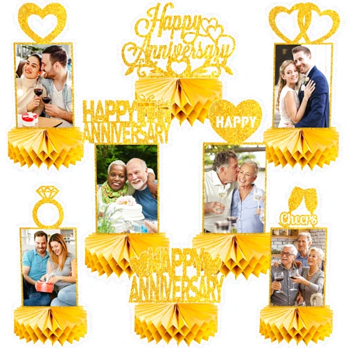 Eucutur 8Pcs Gold Happy Wedding Anniversary Decorations Honeycomb Centerpiece, Gold Glitter Anniversary Photo Table Centerpiece Party Supplies, 25th 30th 40th 50th 60th Gold Anniversary Table Topper