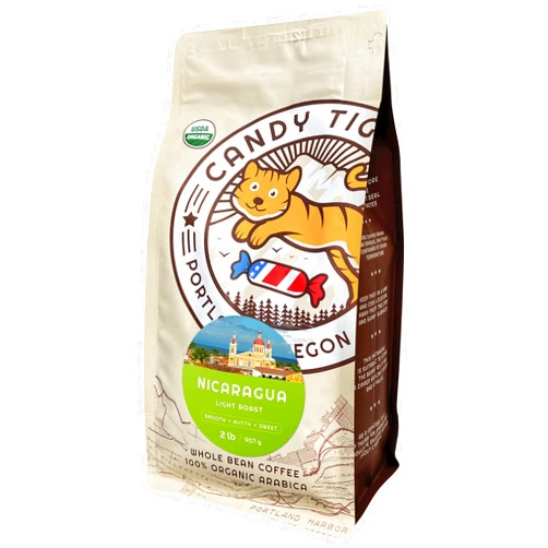 CANDY TIGER PORTLAND, OREGON, U.S.A. Whole Bean Coffee - Organic - Low Acid - Light Roast - Single Origin - 100% Arabica - Nicaraguan Coffee Beans - Direct Trade - Shade-grown - Gourmet Coffee - 2 lb