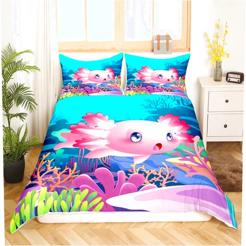 Erosebridal Axolotl Kawaii Bedding Set for Toddler Boys Girls,Cute Reptile Animal Duvet Cover King Size,Coastal Coral Reef Comforter Cover Cartoon Salamander Bedspread Cover Marine Ocean Theme Bedroom Decor