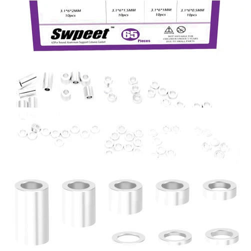 Swpeet 65Pcs 8 Sizes M3 Aluminum Spacer Assortment Kit, 3.1×6mm(ID×OD) Silver Aluminum Standoff Column Spacer, Round Spacer Unthreaded Standoff Bushing Plain Finish, Length 0.5/1/1.5/2/2.5/3/6/10mm