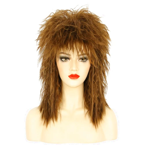 karlery Women Men Long Curly Brown Wig 70s 80s Rocker Mullet Costume Wig Halloween Cosplay Party Wig