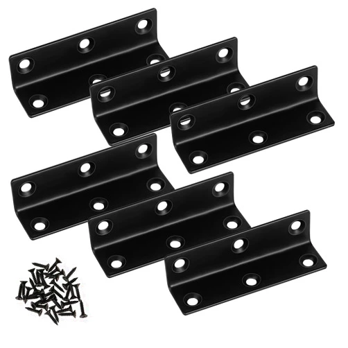 Styquenzer 6 Pcs L Brackets Black Corner Brace Brackets Heavy Duty Corner Brace for Connection Stainless Steel Shelf Bracket with Screws Metal Braces for Furniture, Wood Frame, Shelves（3.2'' x 0.7''）